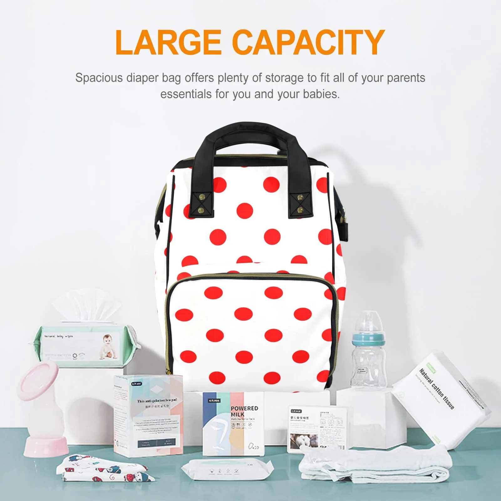 White With Red Polka Dots Multi-Function Diaper Bag