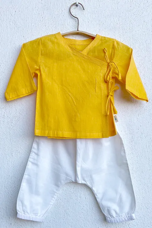 Whitewater Kids Unisex Organic Yellow Angrakha Top With White Pants