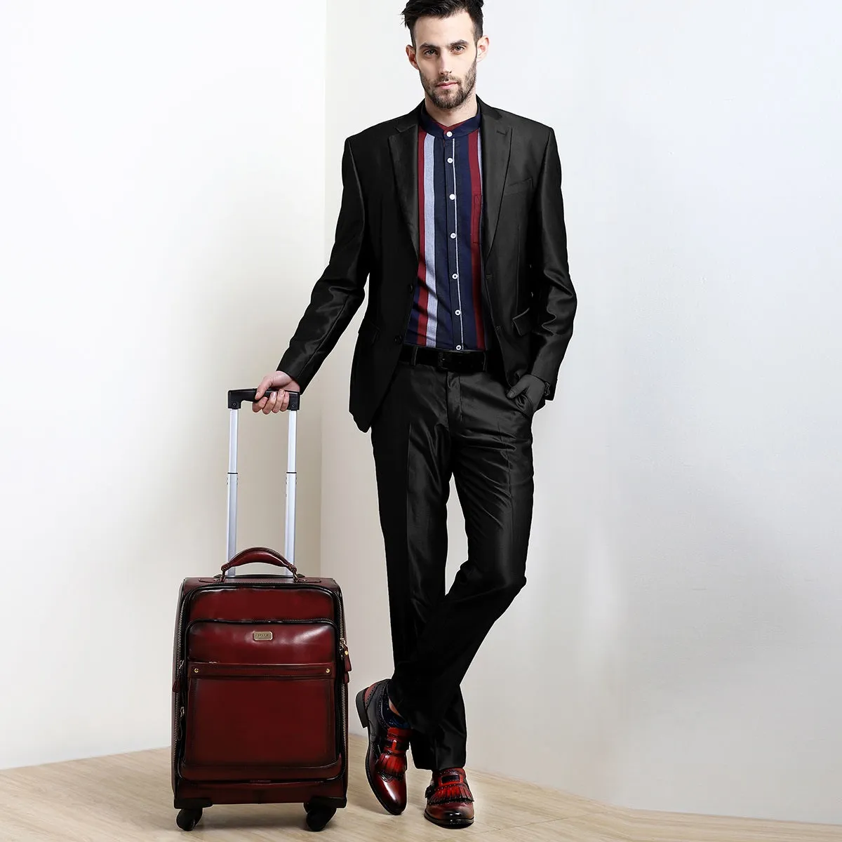 WINE LEATHER CABIN LUGGAGE TROLLEY BAG WITH 4 WHEEL (360 ROTATION)