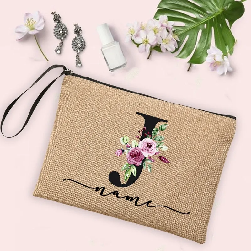 Womens Flower Initial Letter Custom Name Cosmetic Zipper Pouch Travel Toiletry  Bag