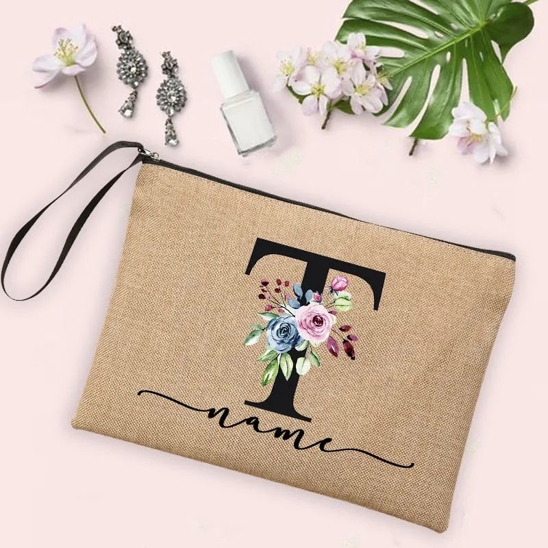 Womens Flower Initial Letter Custom Name Cosmetic Zipper Pouch Travel Toiletry  Bag