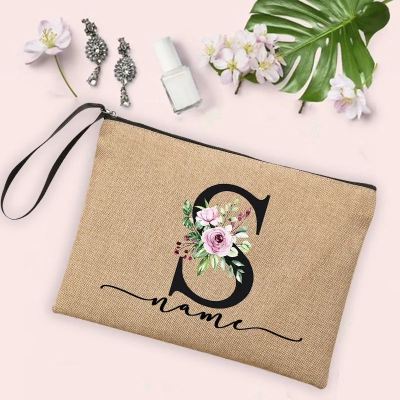 Womens Flower Initial Letter Custom Name Cosmetic Zipper Pouch Travel Toiletry  Bag