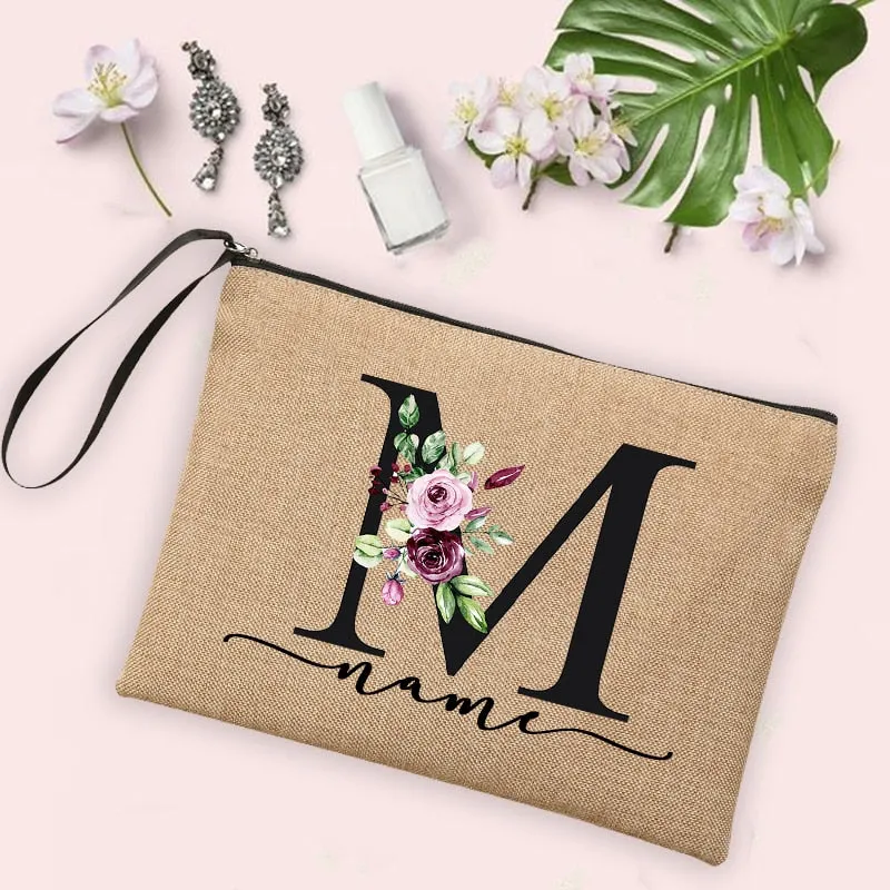 Womens Flower Initial Letter Custom Name Cosmetic Zipper Pouch Travel Toiletry  Bag