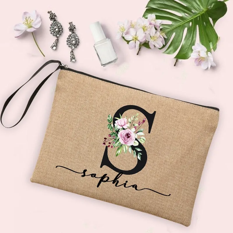 Womens Flower Initial Letter Custom Name Cosmetic Zipper Pouch Travel Toiletry  Bag