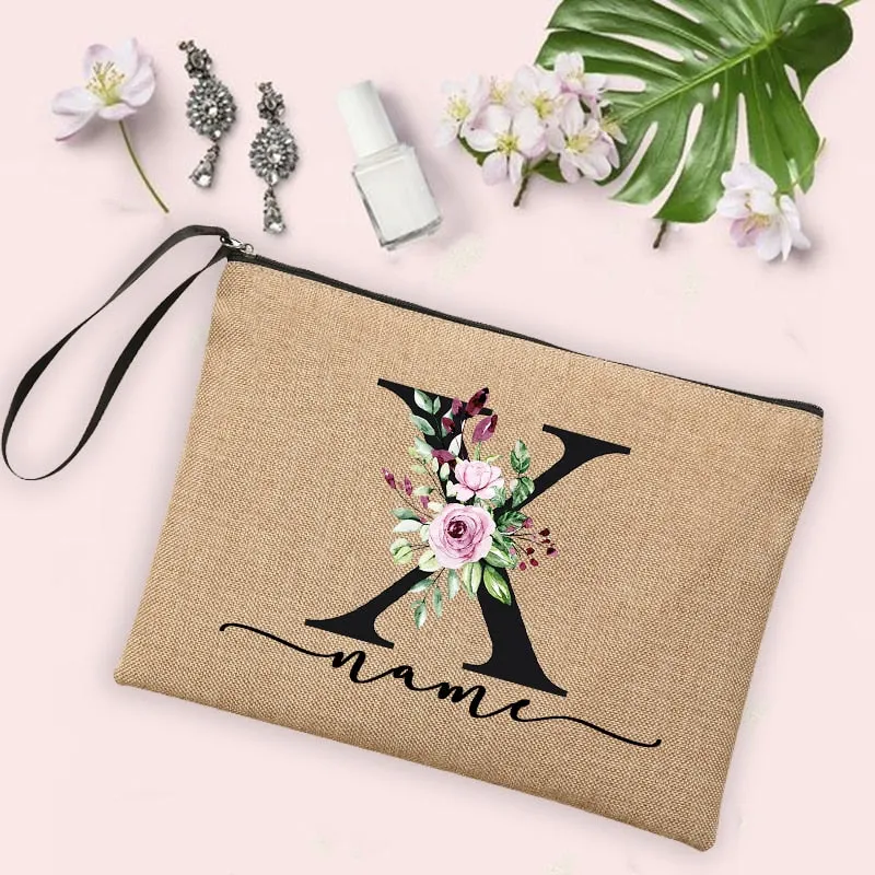 Womens Flower Initial Letter Custom Name Cosmetic Zipper Pouch Travel Toiletry  Bag