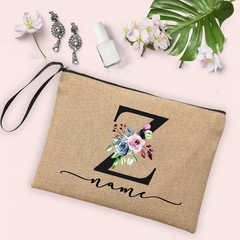 Womens Flower Initial Letter Custom Name Cosmetic Zipper Pouch Travel Toiletry  Bag