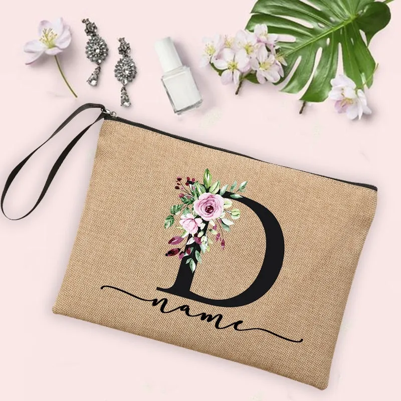 Womens Flower Initial Letter Custom Name Cosmetic Zipper Pouch Travel Toiletry  Bag