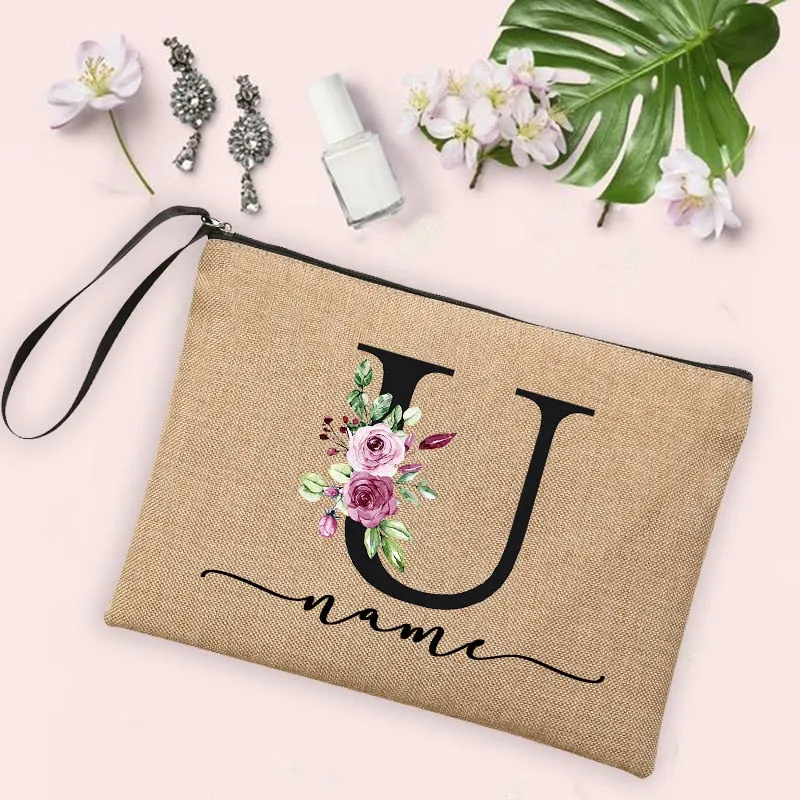 Womens Flower Initial Letter Custom Name Cosmetic Zipper Pouch Travel Toiletry  Bag