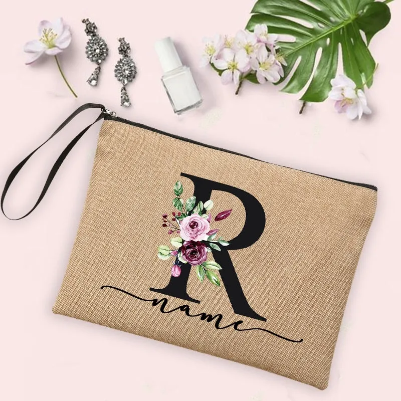 Womens Flower Initial Letter Custom Name Cosmetic Zipper Pouch Travel Toiletry  Bag