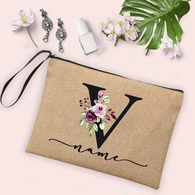 Womens Flower Initial Letter Custom Name Cosmetic Zipper Pouch Travel Toiletry  Bag