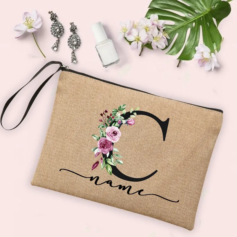 Womens Flower Initial Letter Custom Name Cosmetic Zipper Pouch Travel Toiletry  Bag